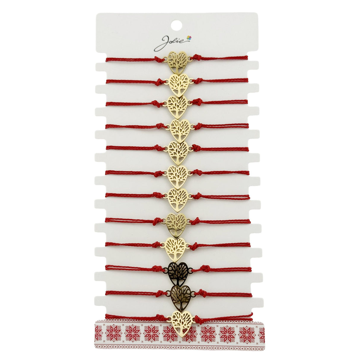 Bratara Martisor pentru Dama, Jolie, Model Copac in Inima, Set 12 bucati, Pandativ din Inox Auriu, Snur Ajustabil Impletit, Rosu - vivimall.ro