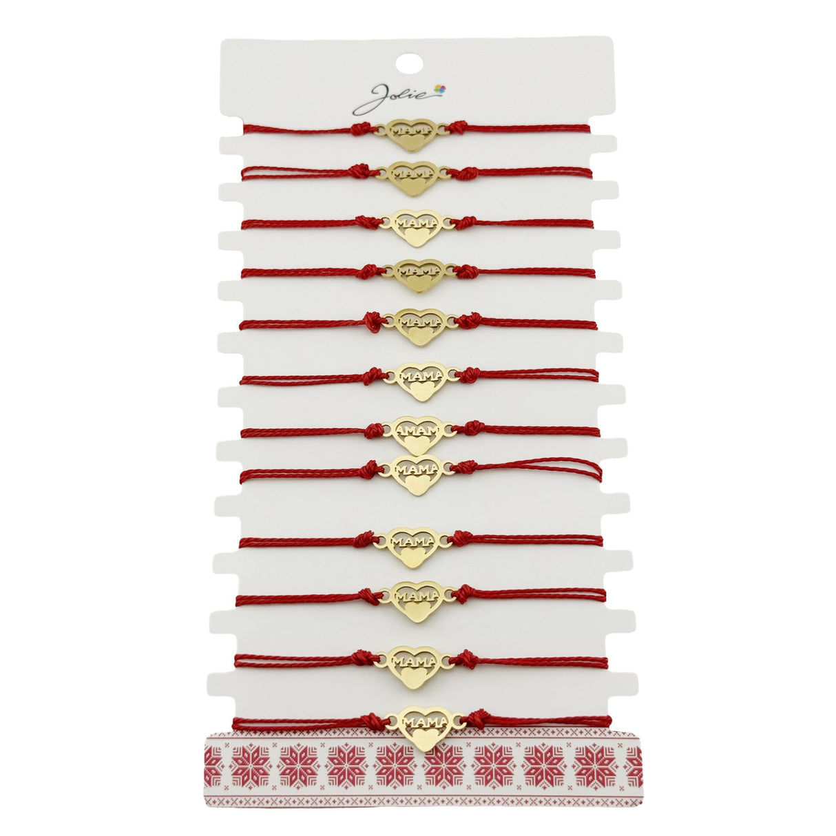 Bratara Martisor pentru Dama, Jolie, Model Inima Mama, Set 12 bucati, Pandativ din Inox Auriu, Snur Ajustabil Impletit, Rosu - vivimall.ro
