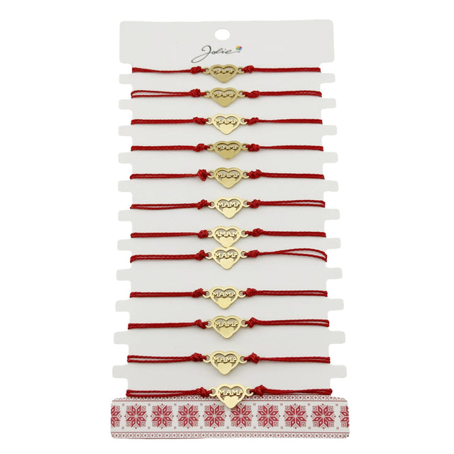 Bratara Martisor pentru Dama, Jolie, Model Inima Mama, Set 12 bucati, Pandativ din Inox Auriu, Snur Ajustabil Impletit, Rosu - vivimall.ro