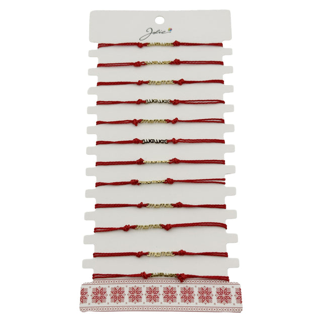 Bratara Martisor pentru Dama, Jolie, Model Mama, Set 12 bucati, Pandativ din Inox Auriu, Snur Ajustabil Impletit, Rosu - vivimall.ro