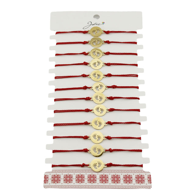 Bratara Martisor pentru Dama, Jolie, Model Picioruse, Set 12 bucati, Pandativ din Inox Auriu, Snur Ajustabil Impletit, Rosu - vivimall.ro