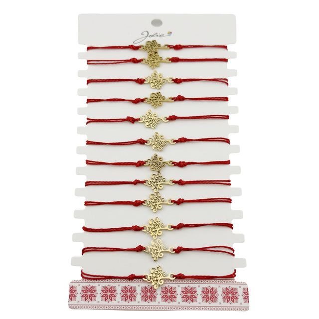 Bratara Martisor pentru Dama, Jolie, Model Copac, Set 12 bucati, Pandativ din Inox Auriu, Snur Ajustabil Impletit, Rosu - vivimall.ro