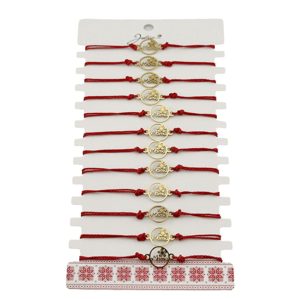 Bratara Martisor pentru Dama, Jolie, Model Mama cu Floare, Set 12 bucati, Pandativ din Inox Auriu, Snur Ajustabil Impletit, Rosu - vivimall.ro