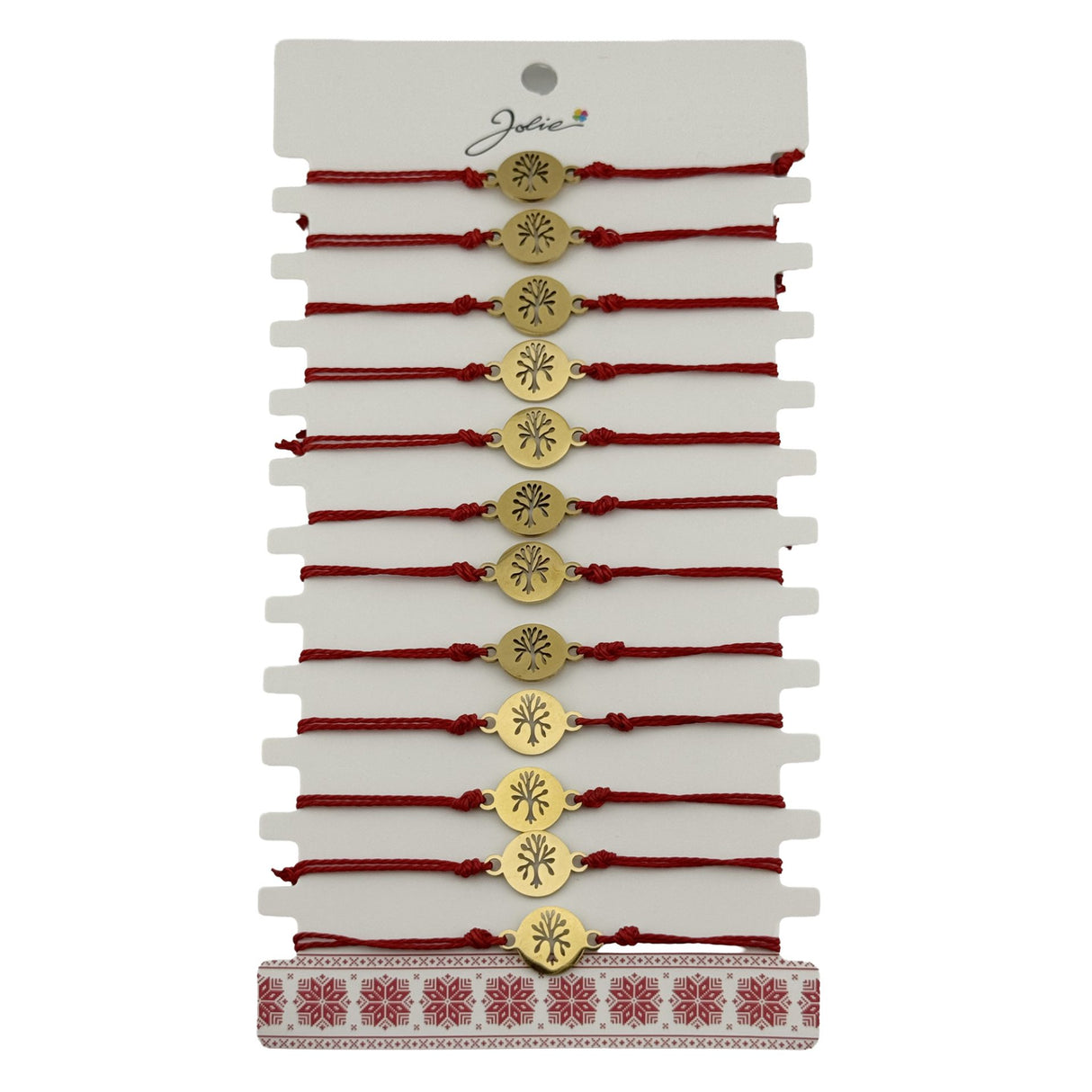 Bratara Martisor pentru Dama, Jolie, Model Copac, Set 12 bucati, Pandativ din Inox Auriu, Snur Ajustabil Impletit, Rosu - vivimall.ro