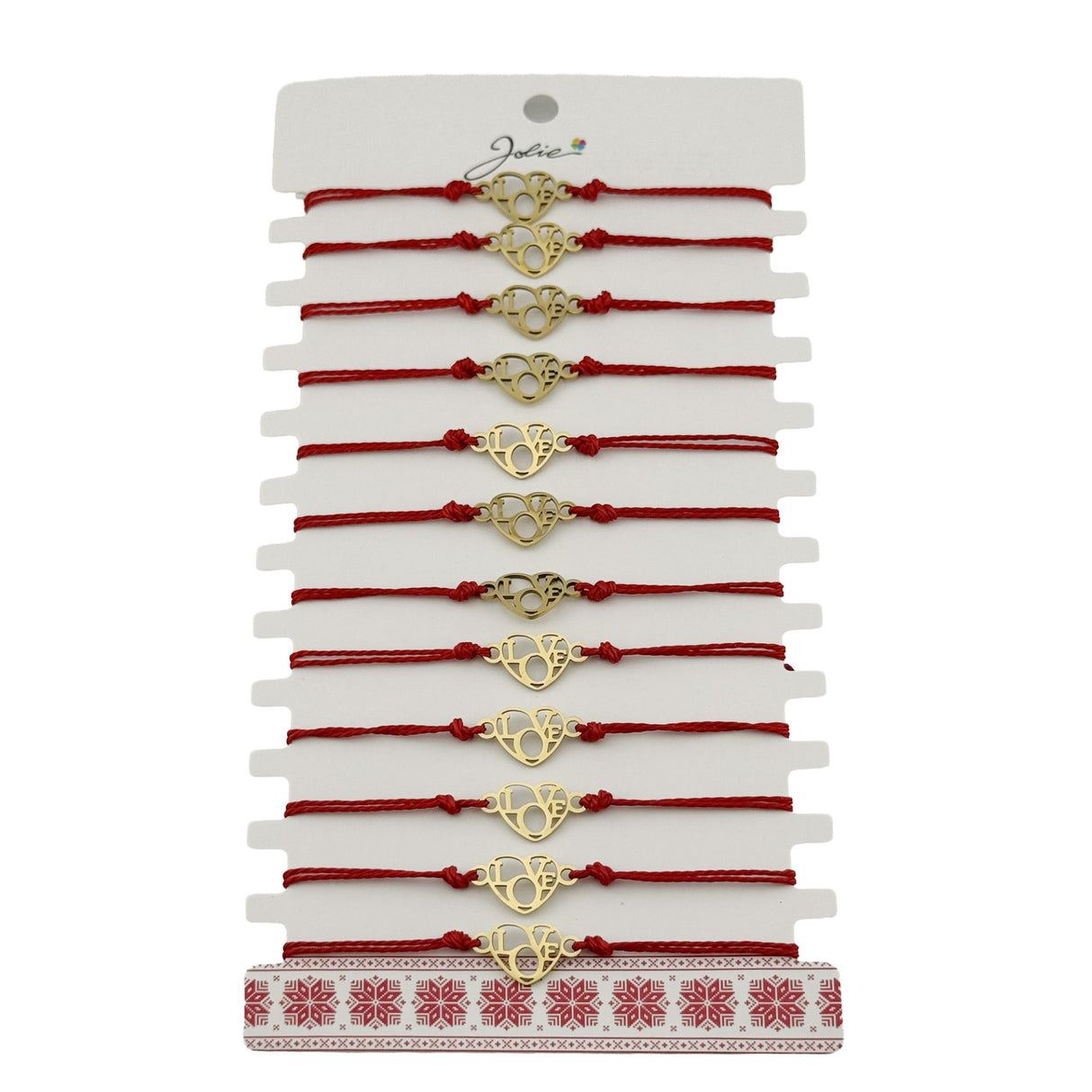 Set 12 brățări mărțișor Jolie Model Love, pandantiv inox auriu și șnur roșu împletit, vedere de ansamblu