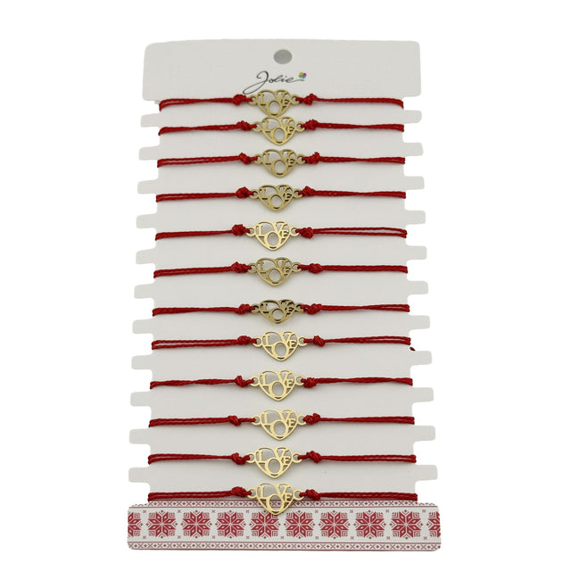 Set 12 brățări mărțișor Jolie Model Love, pandantiv inox auriu și șnur roșu împletit, vedere de ansamblu
