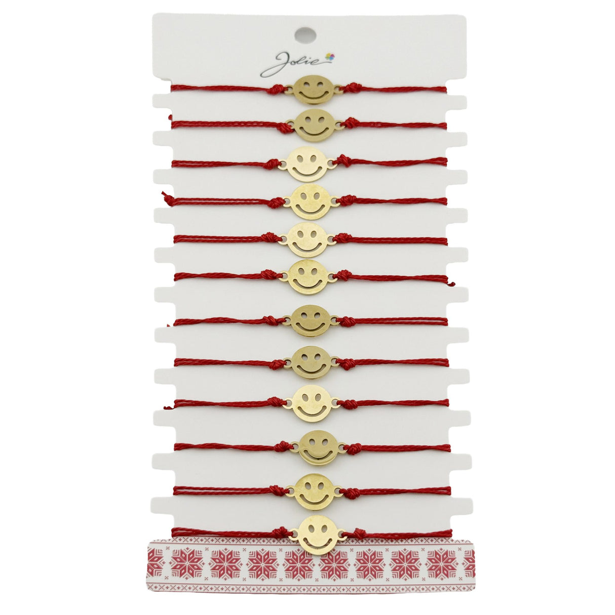 Bratara Martisor pentru Dama, Jolie, Model Smiley, Set 12 bucati, Pandativ din Inox Auriu, Snur Ajustabil Impletit, Rosu - vivimall.ro