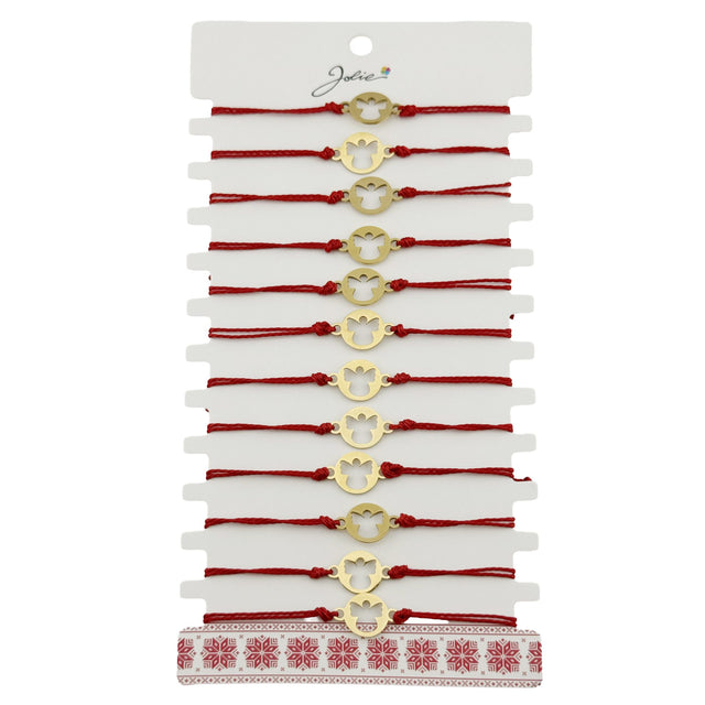 Bratara Martisor pentru Dama, Jolie, Model Inger, Set 12 bucati, Pandativ din Inox Auriu, Snur Ajustabil Impletit, Rosu - vivimall.ro