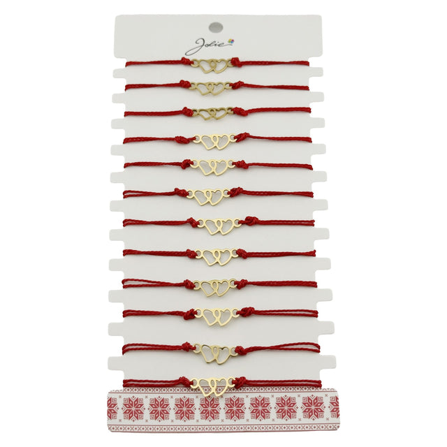 Bratara Martisor pentru Dama, Jolie, Model Inima, Set 12 bucati, Pandativ din Inox Auriu, Snur Ajustabil Impletit, Rosu - vivimall.ro