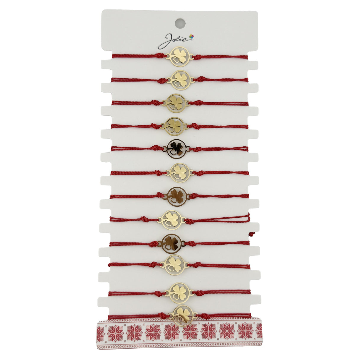 Bratara Martisor pentru Copii, Jolie, Model Trifoi cu Inima pe Petala, Set 12 bucati, Pandativ Auriu din Inox cu Snur Rosu Ajustabil - vivimall.ro