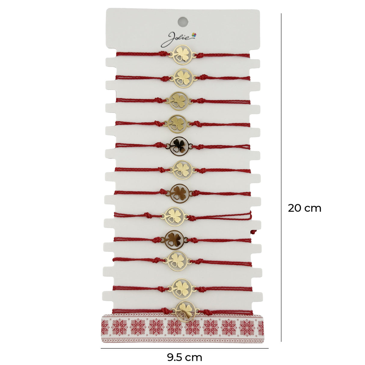 Bratara Martisor pentru Copii, Jolie, Model Trifoi cu Inima pe Petala, Set 12 bucati, Pandativ Auriu din Inox cu Snur Rosu Ajustabil - vivimall.ro