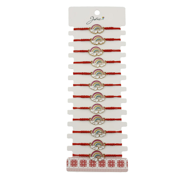 Bratara Martisor pentru Dama, Jolie, Model Curcubeu cu  Inimi, Set 12 bucati, Pandativ din Inox Auriu, Snur Ajustabil Impletit, Rosu - vivimall.ro