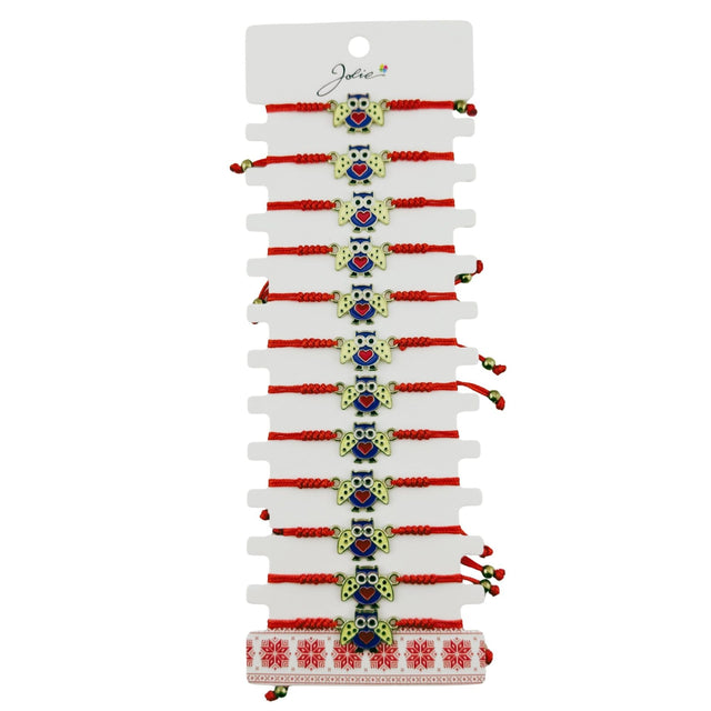 Martisor Bratara pentru Dama si Copii, Jolie, Model Bufnita Inteleapta cu Inimioara, Set 12 bucati, Pandantiv Emailat, Snur Reglabil, Rosu/Multicolor - vivimall.ro
