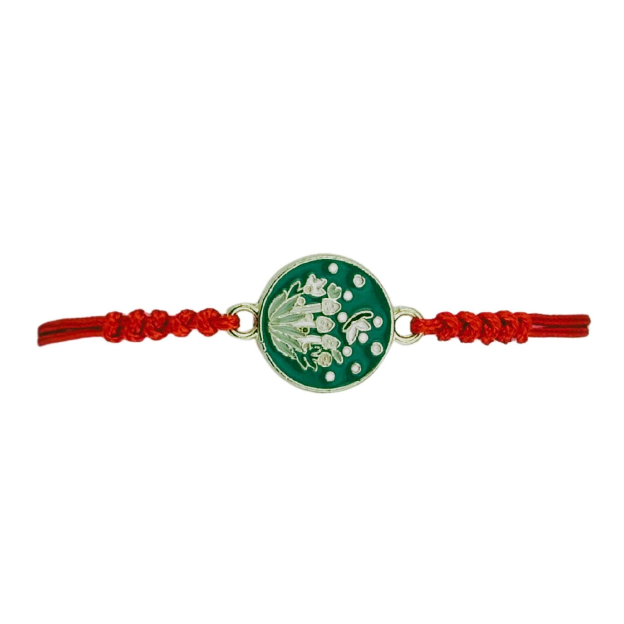 Martisor Bratara pentru Dama si Copii, Jolie, Model Lacramioare de Primavara, Set 12 bucati, Pandantiv Emailat Rotund, Snur Reglabil, Rosu/Verde - vivimall.ro