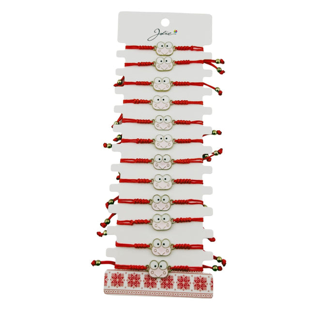 Martisor Bratara pentru Dama si Copii, Jolie, Model Broscuta Vesela, Set 12 bucati, Pandantiv Emailat, Snur Reglabil, Rosu/Roz - vivimall.ro