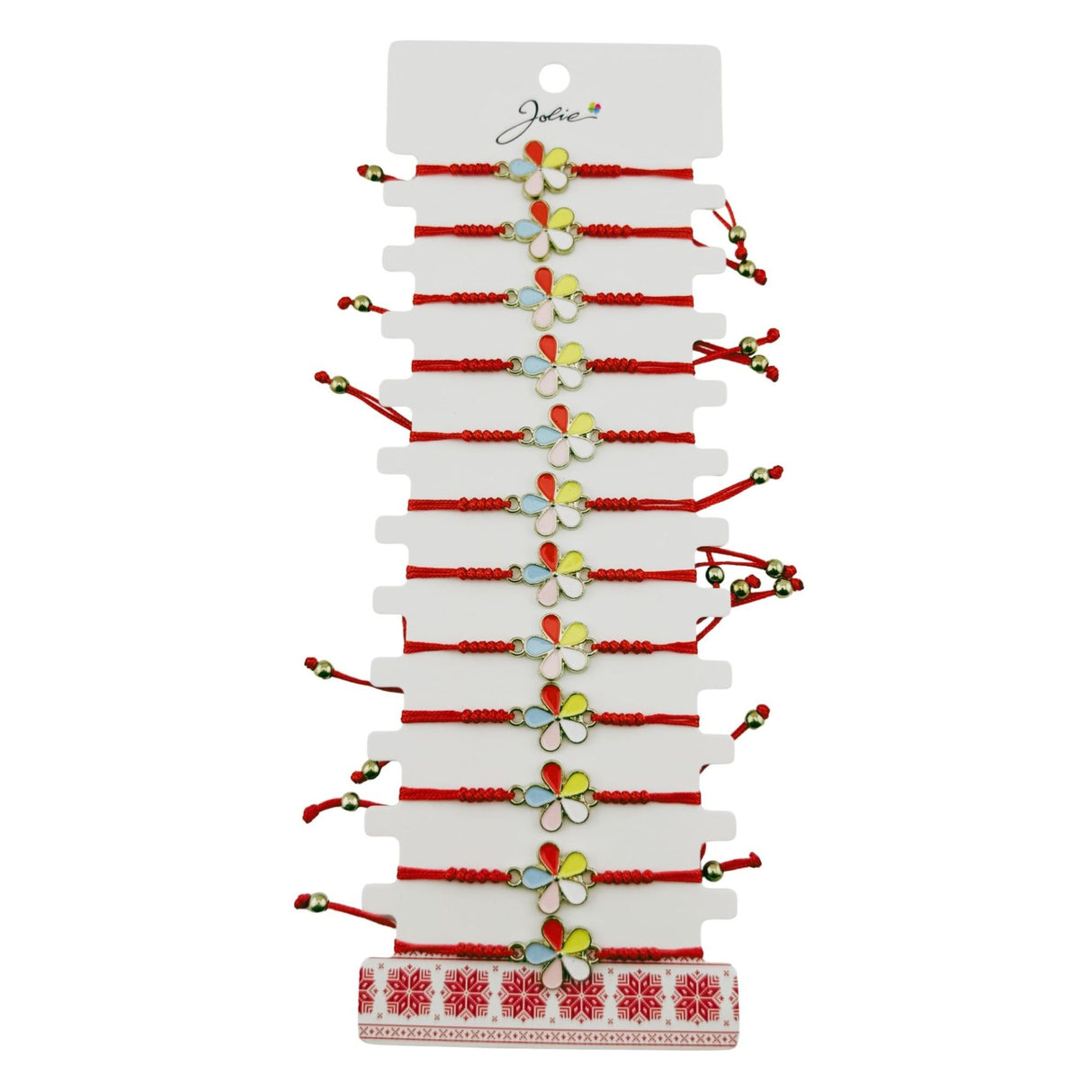 Martisor Bratara pentru Dama si Copii, Jolie, Model Floare Multicolora, Set 12 bucati, Pandantiv Emailat, Snur Reglabil, Rosu - vivimall.ro