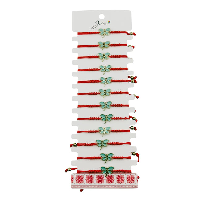 Martisor Bratara pentru Dama si Copii, Jolie, Model Libelula, Set 12 bucati, Pandantiv Emailat, Snur Reglabil, Rosu - vivimall.ro