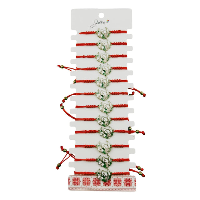 Martisor Bratara pentru Dama si Copii, Jolie, Model Iepuras pe Semiluna cu Flori, Set 12 bucati, Pandantiv Emailat, Snur Reglabil, Rosu/Multicolor - vivimall.ro