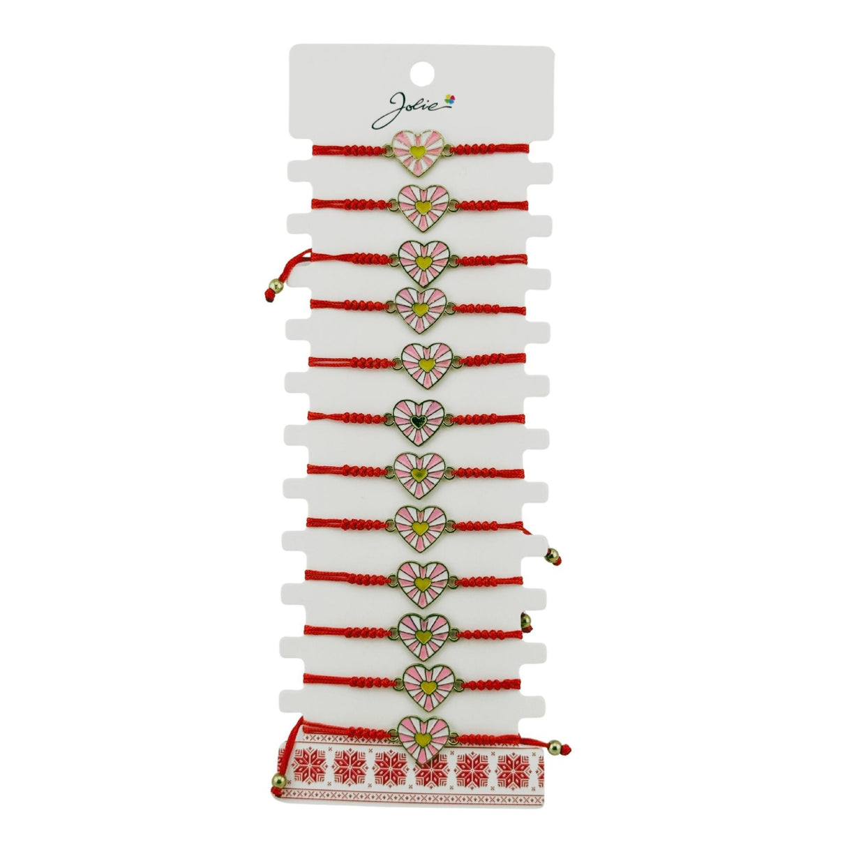 Martisor Bratara pentru Dama si Copii, Jolie, Model Inima cu Raze Roz si Galben, Set 12 bucati, Pandantiv Emailat, Snur Reglabil, Rosu - vivimall.ro