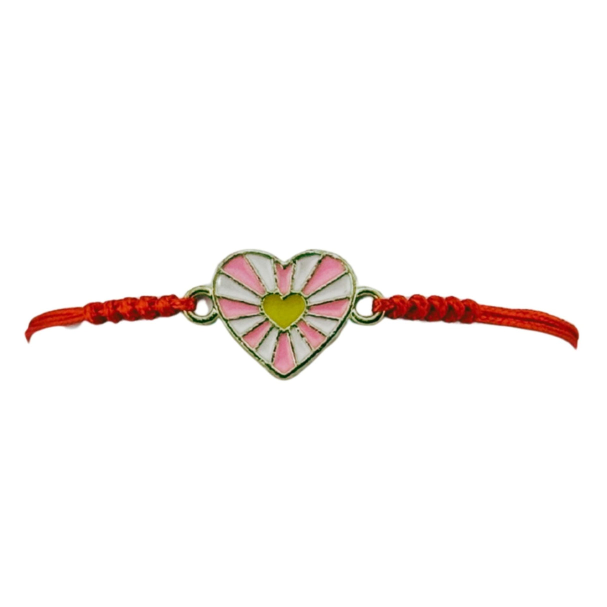 Martisor Bratara pentru Dama si Copii, Jolie, Model Inima cu Raze Roz si Galben, Set 12 bucati, Pandantiv Emailat, Snur Reglabil, Rosu - vivimall.ro