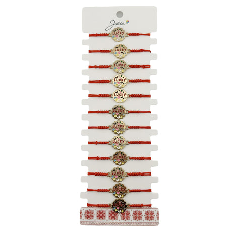 Brățară mărțișor damă Jolie Lucky, pandantiv inox auriu și șnur roșu ajustabil, vedere frontală set 12 bucăți