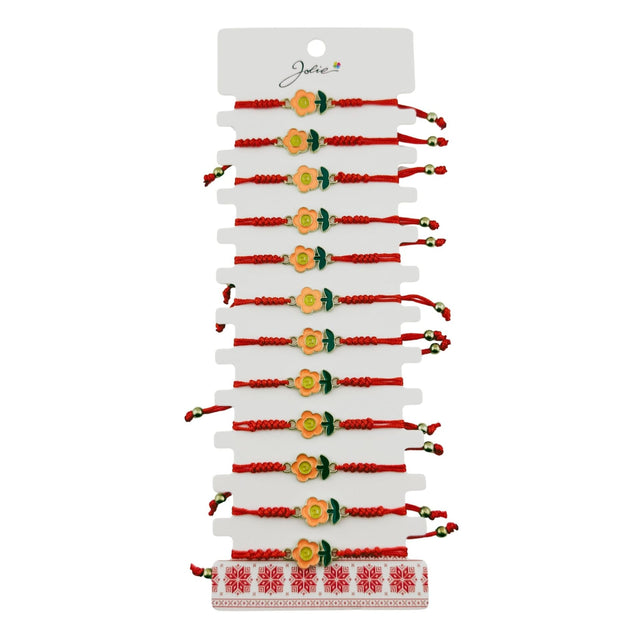 Martisor Bratara pentru Dama si Copii, Jolie, Model Floricica Zambitoare, Set 12 bucati, Pandantiv Emailat, Snur Reglabil, Rosu/Portocaliu - vivimall.ro