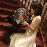 Set Buchet Decorativ, Vivimall, Trandafir in Balon cu Lumini Led, Diametru 35 cm, 2 x Baterii AA (neincluse), Rosu/Negru - vivimall.ro