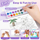 Set Carte de Colorat cu Acuarela, Flippy, Model Sirena, 20 Foi de Carton 200 gr, 12 Culori, 1 Pensula, 15.7 x 18.8 x 1.8 cm, Roz