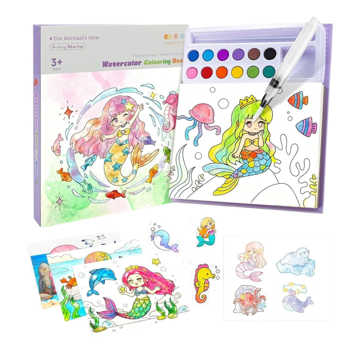 Set Carte de Colorat cu Acuarela, Flippy, Model Sirena, 20 Foi de Carton 200 gr, 12 Culori, 1 Pensula, 15.7 x 18.8 x 1.8 cm, Roz