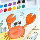 Set Carte de Colorat cu Acuarela, Flippy, Model Balena, 20 Foi de Carton 200 gr, 12 Culori, 1 Pensula, 15.7 x 18.8 x 1.8 cm, Albastru