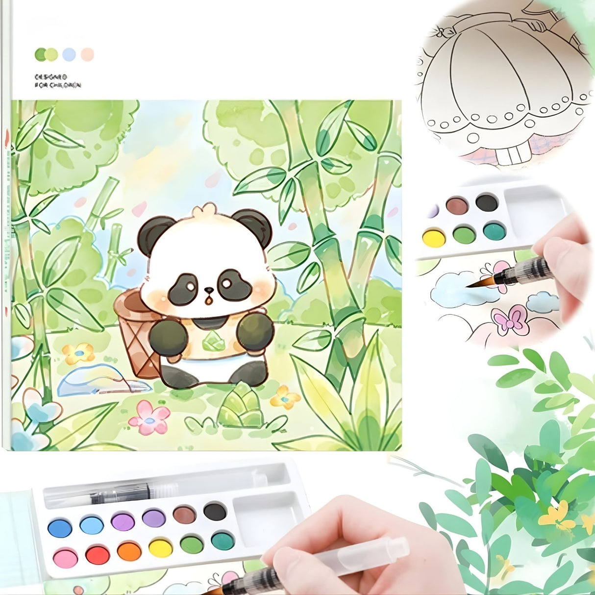 Set Carte de Colorat cu Acuarela, Flippy, Model Panda, 20 Foi de Carton 200 gr, 12 Culori, 1 Pensula, 15.7 x 18.8 x 1.8 cm, Verde