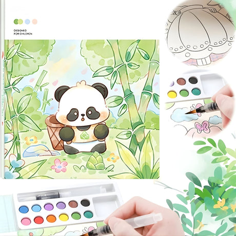 Set Carte de Colorat cu Acuarela, Flippy, Model Panda, 20 Foi de Carton 200 gr, 12 Culori, 1 Pensula, 15.7 x 18.8 x 1.8 cm, Verde