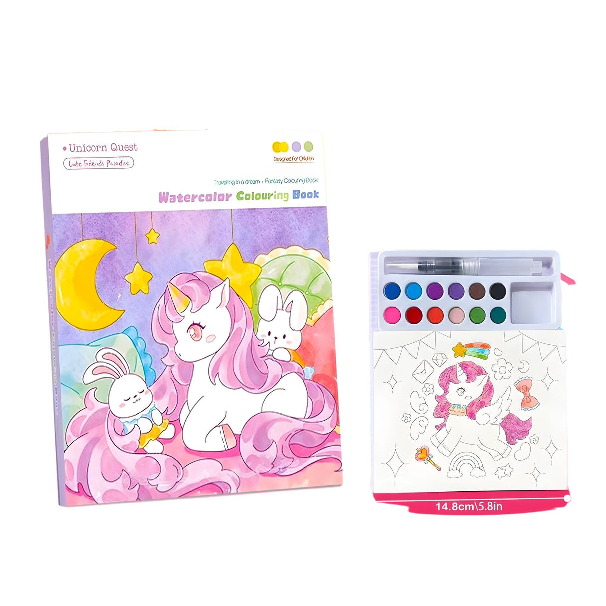 Set acuarele Flippy Unicorn cu 12 culori, pensulă cu rezervor de apă și foi carton 200 gsm