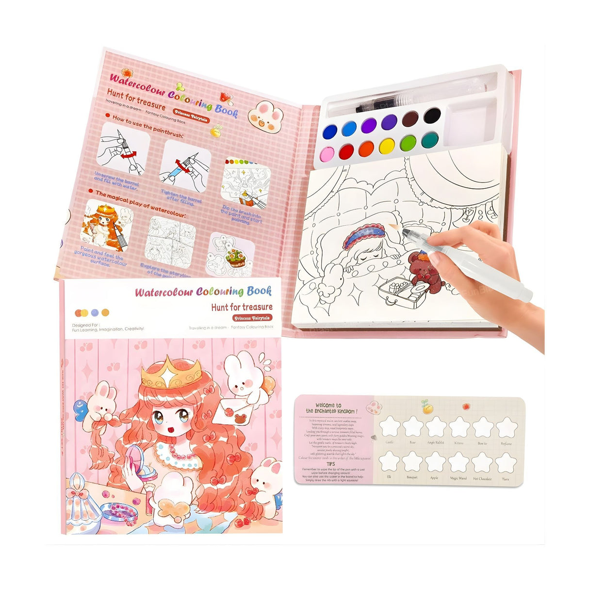 Set Carte de Colorat cu Acuarela, Flippy, Model Printesa, 20 Foi de Carton 200 gr, 12 Culori, 1 Pensula, 15.7 x 18.8 x 1.8 cm, Roz deschis