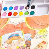 Set Carte de Colorat cu Acuarela, Flippy, Model Printesa, 20 Foi de Carton 200 gr, 12 Culori, 1 Pensula, 15.7 x 18.8 x 1.8 cm, Roz deschis