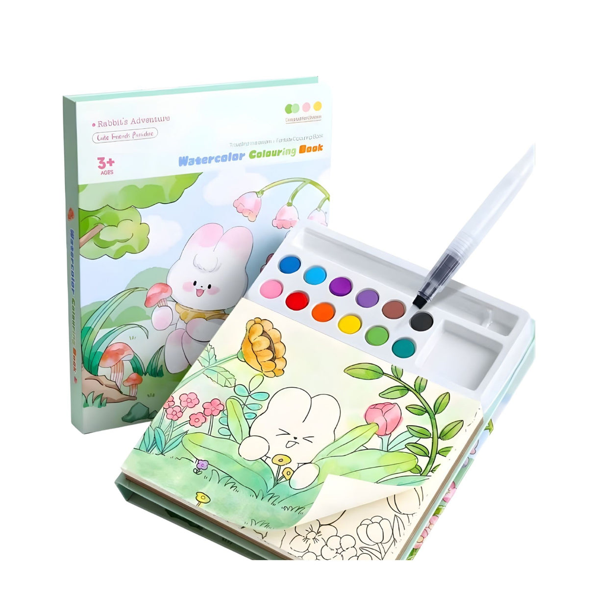 Set Carte de Colorat cu Acuarela, Flippy, Model Iepure, 20 Foi de Carton 200 gr, 12 Culori, 1 Pensula, 15.7 x 18.8 x 1.8 cm, Alb