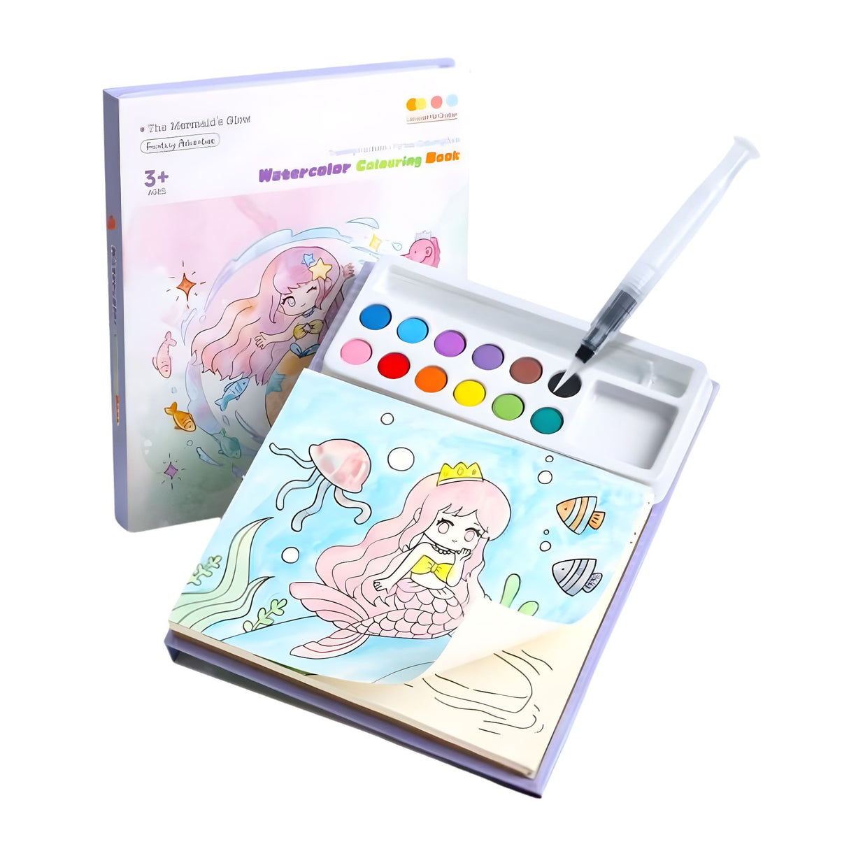 Set Carte de Colorat cu Acuarela, Flippy, Model Sirena, 20 Foi de Carton 200 gr, 12 Culori, 1 Pensula, 15.7 x 18.8 x 1.8 cm, Roz