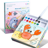 Set Carte de Colorat cu Acuarela, Flippy, Model Balena, 20 Foi de Carton 200 gr, 12 Culori, 1 Pensula, 15.7 x 18.8 x 1.8 cm, Albastru