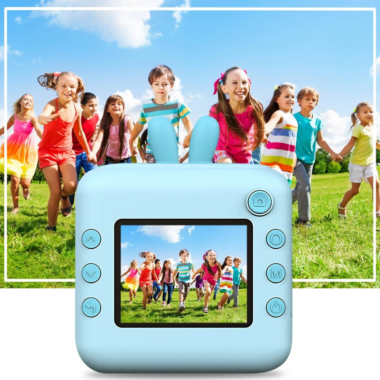 Set Camera Instantanee pentru Copii, Flippy, Ecran HD 2.4'', 24MP, 720P Video, 1200 mAh, cu Functie de Printare Alb-Negru, cablu USB-C, Bluetooth, Compatibil iOS/Android, Imprimare APP, Model Iepure, Albastru - vivimall.ro