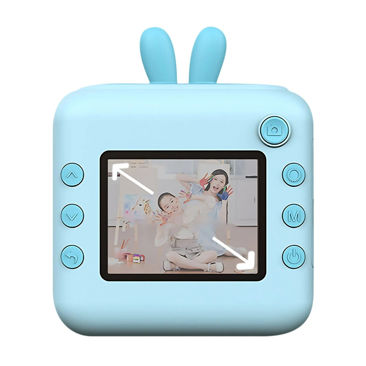 Set Camera Instantanee pentru Copii, Flippy, Ecran HD 2.4'', 24MP, 720P Video, 1200 mAh, cu Functie de Printare Alb-Negru, cablu USB-C, Bluetooth, Compatibil iOS/Android, Imprimare APP, Model Iepure, Albastru - vivimall.ro