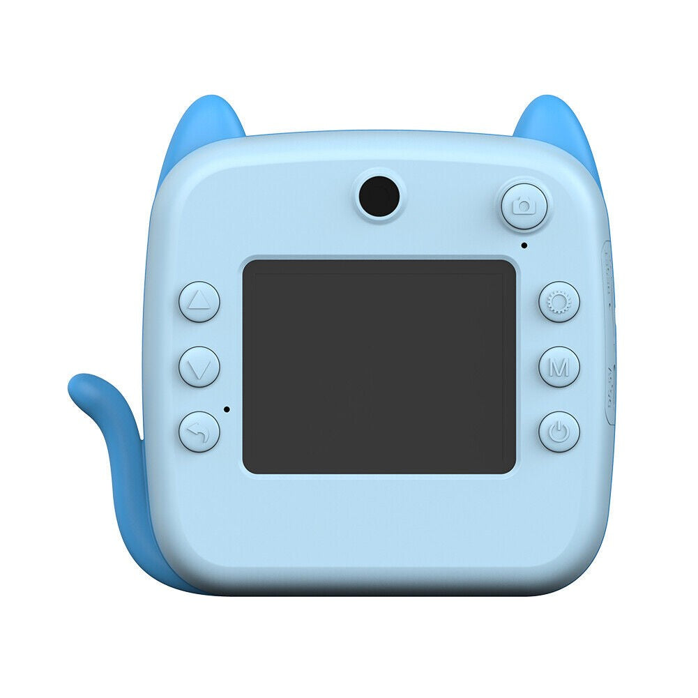 Set Camera Instantanee pentru Copii, Flippy, Ecran HD 2.4'', 24MP, 720P Video, 1200 mAh, cu Functie de Printare Alb-Negru, cablu USB-C, Bluetooth, Compatibil iOS/Android, Imprimare APP, Model Kitty, Albastru - vivimall.ro