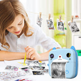 Set Camera Instantanee pentru Copii, Flippy, Ecran HD 2.4'', 24MP, 720P Video, 1200 mAh, cu Functie de Printare Alb-Negru, cablu USB-C, Bluetooth, Compatibil iOS/Android, Imprimare APP, Model Kitty, Albastru - vivimall.ro