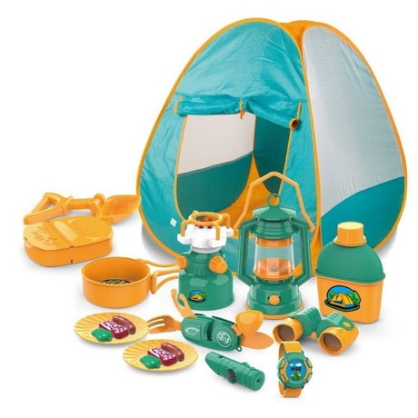 Set camping exterior/interior pentru copii, 7 accesorii cu tematica si cort, multicolor - vivimall.ro