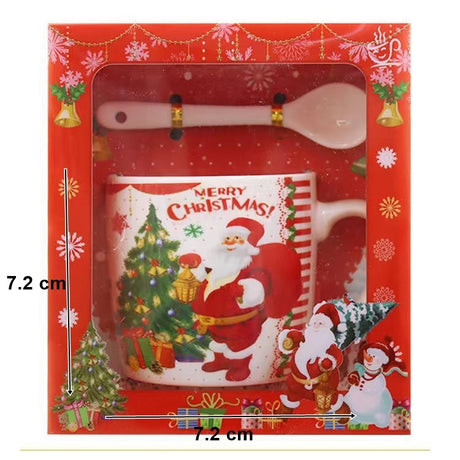 Set Cana Ceramica Cu Lingurita 200 Ml, Tematica Mos Craciun Cu Brad - vivimall.ro