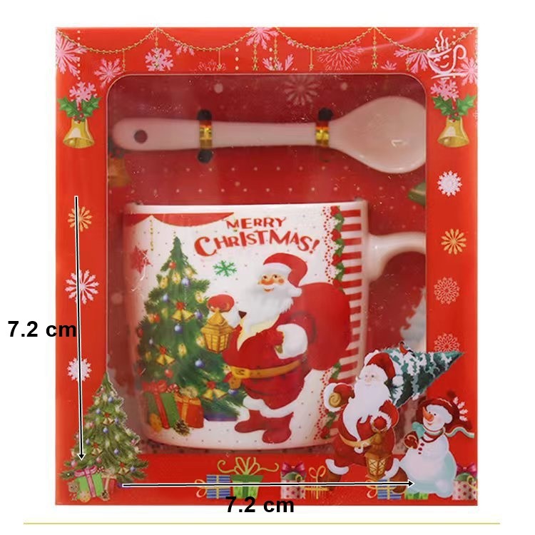 Set cana ceramica cu lingurita Vivimall, 200 ml, tematica Mos Craciun cu brad, alb - vivimall.ro