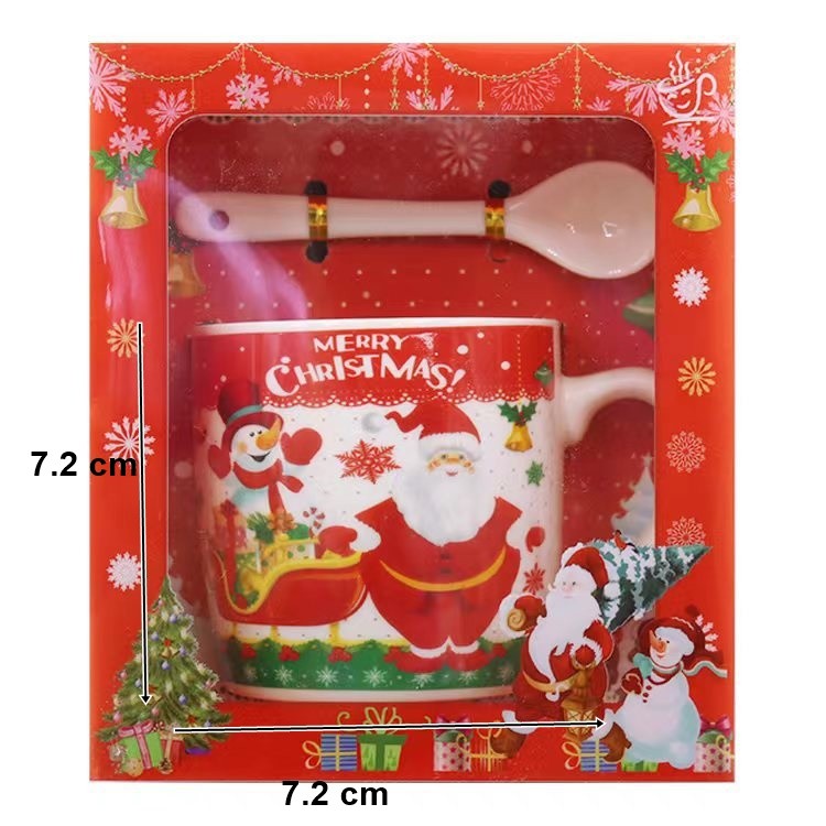 Set cana ceramica cu lingurita Vivimall, 200 ml, tematica Mos Craciun cu sanie, multicolor - vivimall.ro