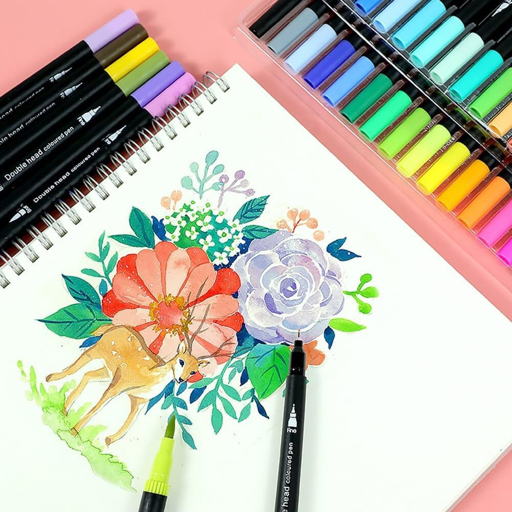 Set Carioci pe Baza de Apa, Vivimall, 2 in 1, pentru Pictura, Caligrafie, 100 Culori, Penar Negru, Corp Carioca Negru, 23.5 x 19.5 x 7.5 cm, Multicolor - vivimall.ro