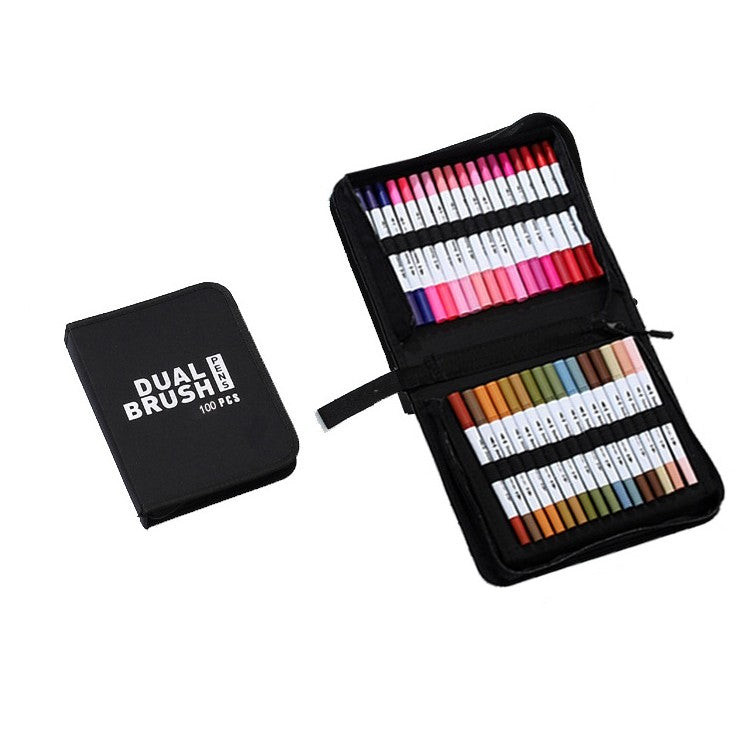 Set Carioci Pe Baza De Apa, 2 In 1, Pentru Pictura, Caligrafie, 100 Culori, Penar Negru, Corp Carioca Alb