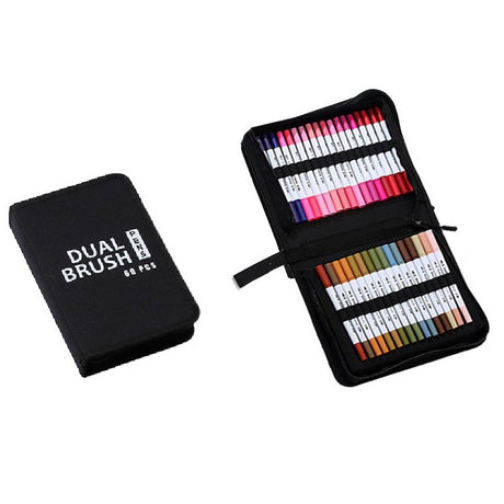 Set Carioci pe Baza de Apa, Vivimall, 2 in 1, pentru Pictura, Caligrafie, 60 Culori, Penar Negru, Corp Carioca Alb, 26.5 x 17.5 x 4.5 cm, Multicolor - vivimall.ro