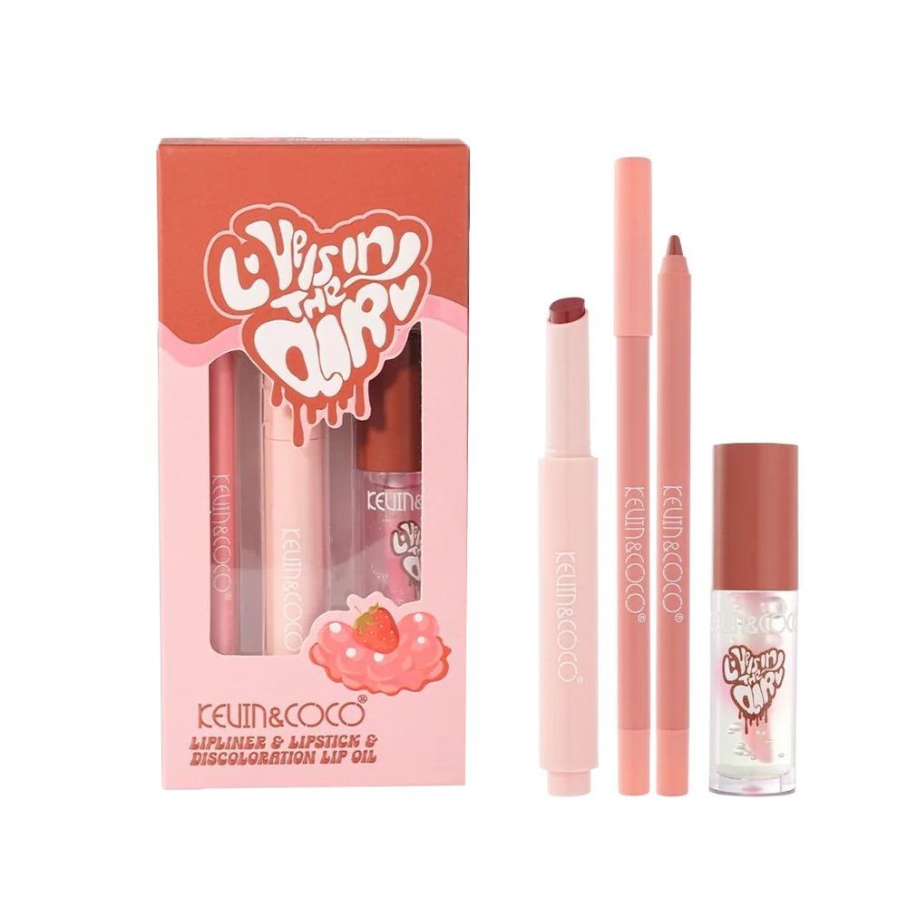 Set pentru Buze Kevin&Coco Love Is In The Air, Flippy, Ruj 2.5g, Creion Contur 1.5g, Luciu de Buze 2.8g, Efect Hidratant & Volum, Nuanta 03 Chocolate Chip